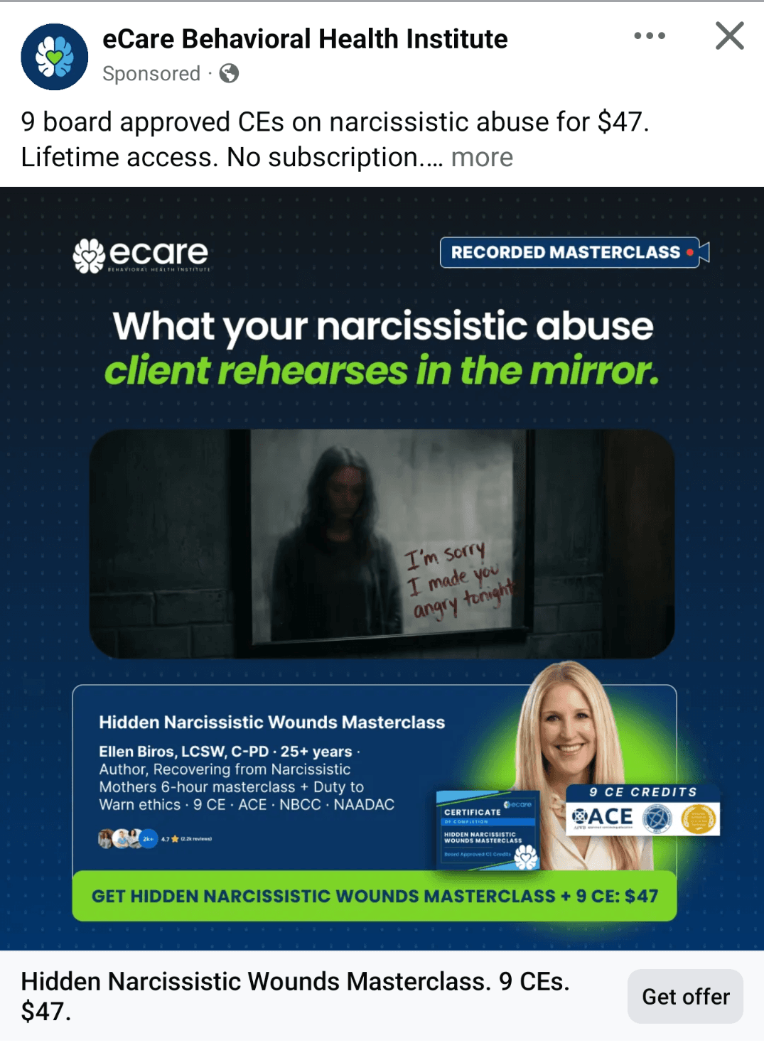 Sponsored eCare Behavioral Health Institute post marketing nine continuing-education credits on narcissistic abuse for 47 dollars